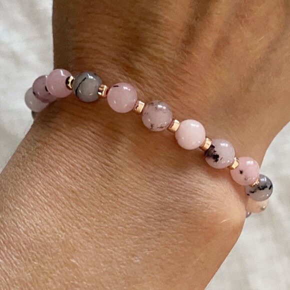 6mm Authentic Cherry Blossom Jasper w/ 3mm Rose Gold Hematite Gemstone Bracelet - Picture 1 of 5
